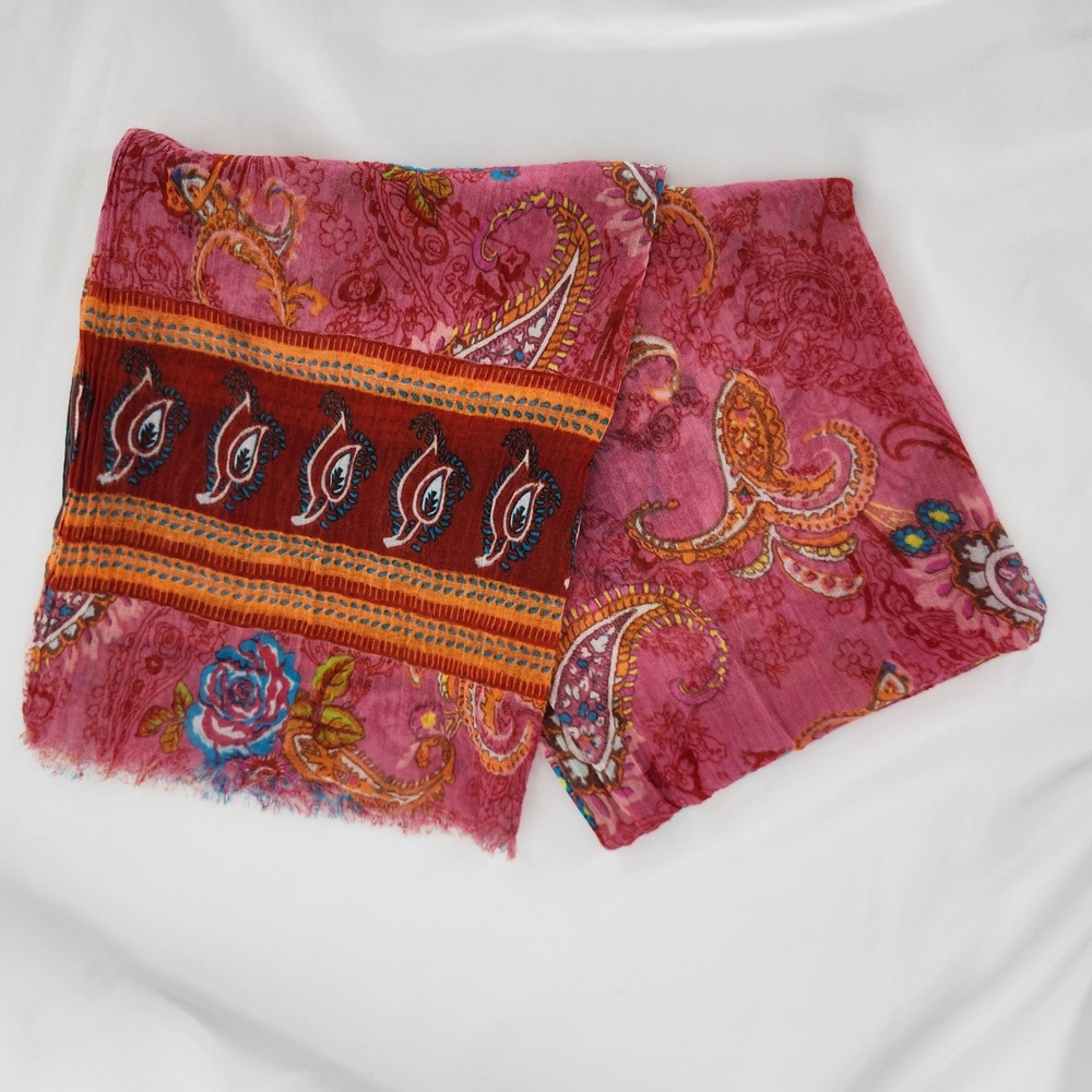 J. Jill Womens Boho Hippie Romantic Scarf OS Pink Orange Paisley Floral Festival